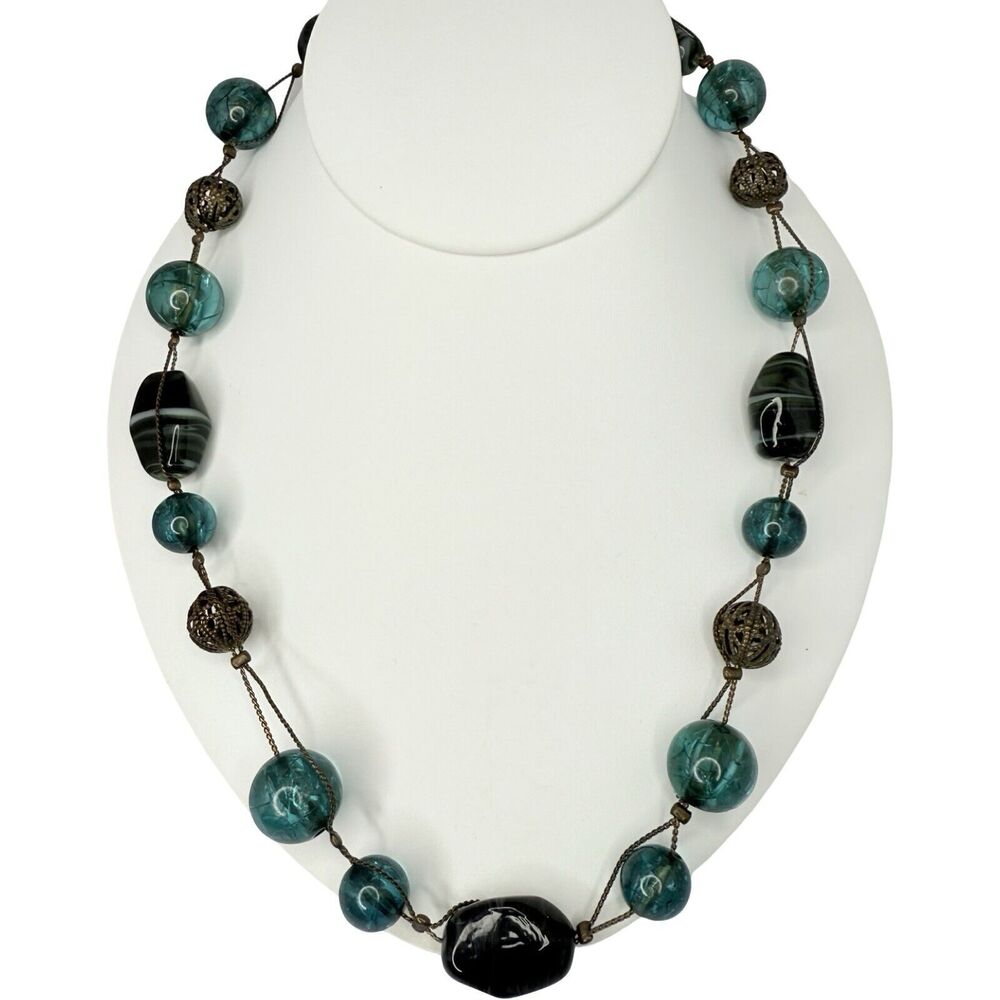 Vintage Liz Claiborne Green Glass Beaded Layering Necklace 60" Silver Tone